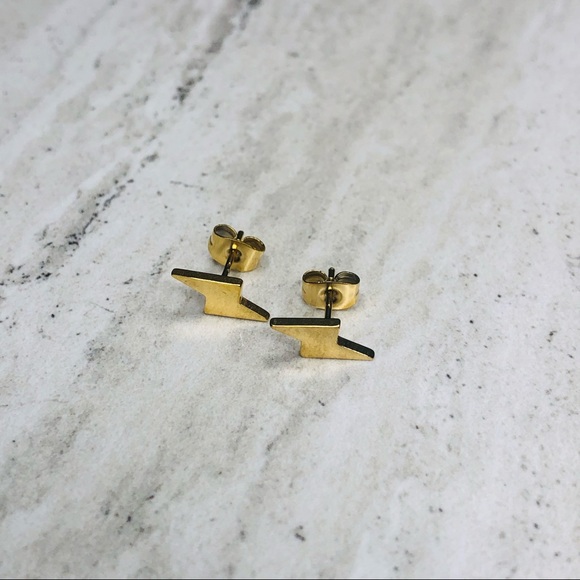 Stainless Steel Gold Lightning Bolt Earrings - Picture 3 of 15